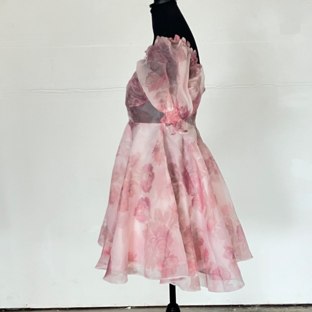 Pink Floral Puff-Sleeve Mini Dress - Picture 3 of 11